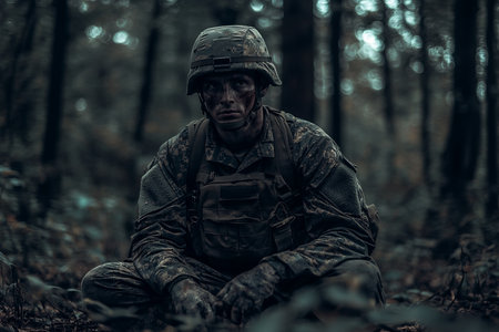Portrait of a soldier in camouflage and helmet sitting in the forestの素材