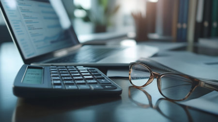 Close up of office desk with laptop, calculator and eyeglassesの素材