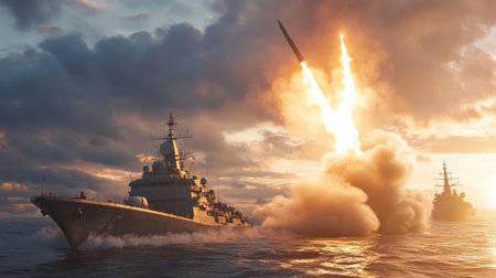 a frigate in the sea and missilesの素材