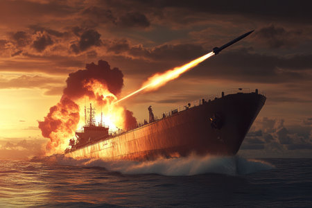 Military ship in the sea at sunset.の素材