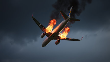 An airplane experiences a critical emergency, with flames erupting from its engines as it descends. The dark sky adds to the dramatic situation, highlighting the urgency and dangerの素材