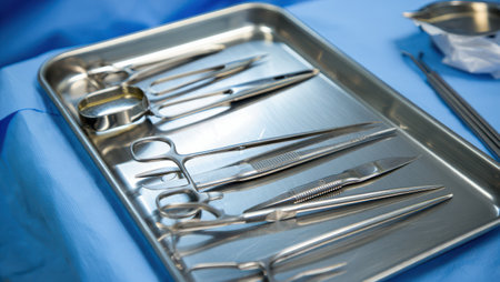 Surgical instruments are neatly placed on a stainless steel tray in a clean medical setting. The tray holds various tools including scissors and clamps, prepared for useの素材