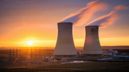 Cooling towers release steam into the evening sky as the sun sets, casting vibrant hues of orange and purple. This power generation facility shows both technology and nature's beautyの素材