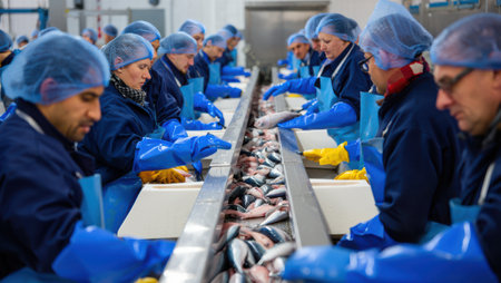 In a seafood processing facility, multiple workers in blue uniforms and gloves sort and package fresh fishの素材