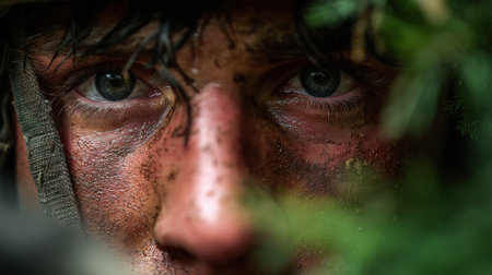 Close-up of a soldier's face shows determination and focus while participating in a training exercise in a forest setting. Dirt and sweat reflect the challenging conditions facedの素材
