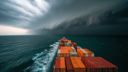 A cargo ship loaded with colorful containers faces ominous storm clouds while navigating the choppy waters of the Atlantic Ocean in late afternoon. The dark sky hints at an approaching stormの素材