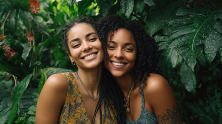 Two joyful women pose together in a vibrant garden. They radiate happiness, surrounded by rich foliage and blooming flowers on a sunny dayの素材