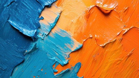 Bright blue and orange paint layers intertwine in an abstract design, showcasing bold textures and dynamic patterns. The thick application adds depth and visual interestの素材