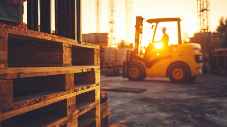 A forklift operator maneuvers through a construction site at sunset, surrounded by stacks of wooden pallets. The golden light enhances the industrial atmosphereの素材