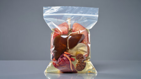 Preserved animal organs are displayed inside a clear plastic bag. This collection is intended for educational use in a research laboratory, showing various biological specimensの素材