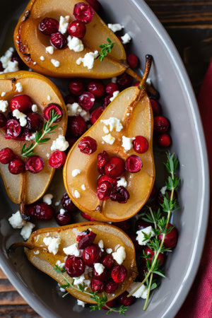 Roasted pears are beautifully arranged in a serving dish, garnished with fresh cranberries and crumbled goat cheese, perfect for a holiday celebration or gatheringの素材