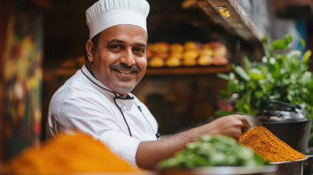 A cheerful male chef skillfully arranges colorful spices and fresh herbs at a market stall. Bright sunlight highlights the rich textures and vibrant colors of the ingredientsの素材