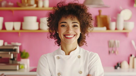 A lively kitchen setting features a smiling chef with curly hair dressed in a white uniformの素材