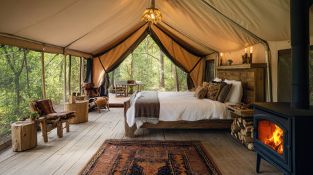 A beautifully designed glamping tent showcases a cozy bedroom with wooden furniture, warm lighting, and a view of lush greenery. The relaxing ambiance invites guests to unwind and connect with natureの素材