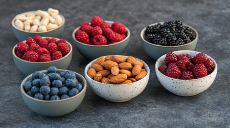 An assortment of vibrant berries including raspberries, blueberries, blackberries, and almonds displayed in small bowls, arranged neatly on a textured stone surface, showcasing freshness and varietyの素材