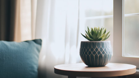 A succulent plant is placed on a small wooden table beside a window. Soft sunlight filters through sheer curtains, creating a warm and inviting atmosphere in the roomの素材