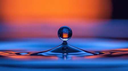 A perfectly spherical water droplet rises from a serene surface, creating concentric ripples while reflecting vivid colors from a soft-lit background, showcasing intricately detailsの素材