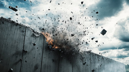 An explosion occurs as debris flies from a concrete wall in an open area under a cloudy sky. Dust and fragments scatter significantly with visible force in the sceneの素材