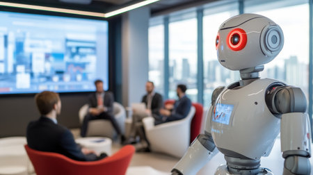 A humanoid robot stands in a contemporary office while a business team discusses strategies in the background, highlighting automation's role in modern work environmentsの素材