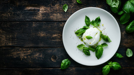 Fresh mozzarella is elegantly arranged with vibrant basil leaves and a drizzle of olive oil on a rustic wooden table. The setting captures a warm summer atmosphere, inviting enjoymentの素材
