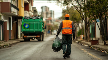 A waste management worker dressed in an orange vest walks along a city street carrying a large green trash bag. A garbage truck is parked on the road, showcasing urban lifeの素材