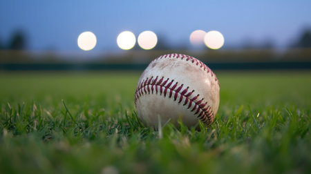 A baseball lies on lush green grass with a blurred background of lights illuminating a nearby field at dusk. The warm summer evening provides a serene atmosphere for sportsの素材
