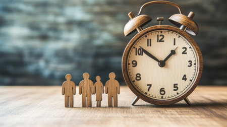 Four wooden figures are positioned next to a classic alarm clock on a rustic wooden table. The clock shows it is approaching noon, creating a warm atmosphereの素材