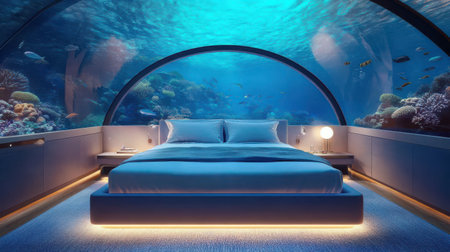Relax in a luxurious underwater bedroom with panoramic views of vibrant coral reefs and diverse marine life. The tranquil atmosphere enhances the unique experience of ocean livingの素材