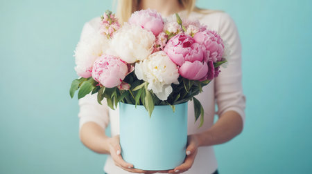 A woman holds a vibrant bouquet of peonies in a light blue potの素材