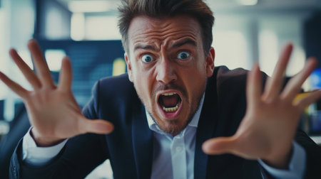 A man in a suit is showing extreme frustration in an office setting during the daytime. His hands are raised, and he is yelling, conveying a sense of urgency and distressの素材