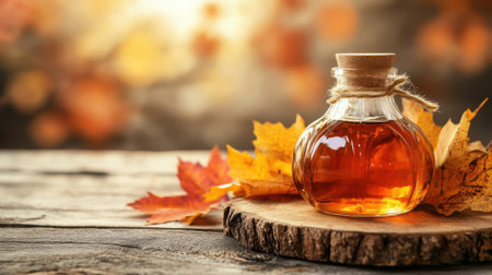 A glass bottle filled with golden syrup is placed on a rustic wooden slice. Vibrant autumn leaves surround the bottle, highlighted by the soft glow of afternoon lightの素材