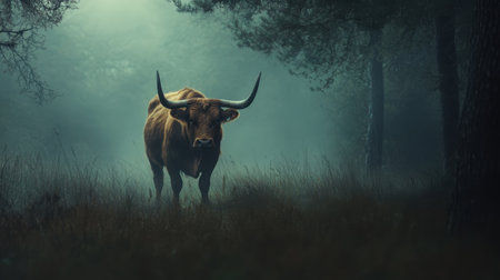 A brown bull is calmly standing in a foggy forest, illuminated by soft morning light. The atmosphere is serene with tall grass and trees surrounding the animal, creating a peaceful sceneの素材