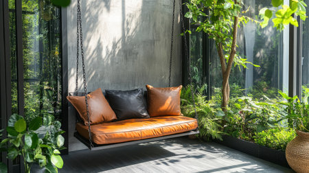 A comfortable swing seat with leather cushions is suspended indoors, embraced by vibrant plants. Sunlight filters through glass walls, enhancing the tranquil ambianceの素材