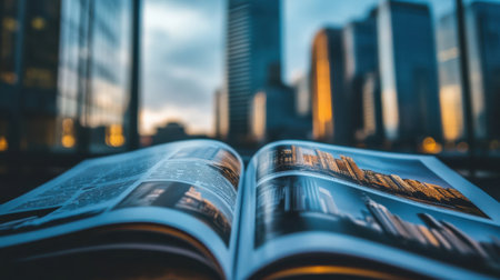 An open magazine displays a vibrant city skyline, capturing the beauty of modern architecture against a dusky sky. The setting emphasizes urban life and designの素材