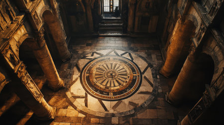 A stunning compass rose adorns the stone floor of a historic structure, illuminated by warm morning sunlight filtering through large windows. The ancient architecture features tall columnsの素材
