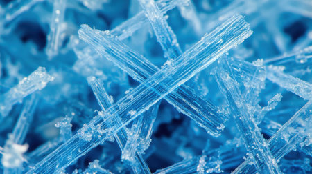 Close-up view reveals the complex structures of frost crystals formed on a surface, showing their delicate beauty as they catch light during a cold winter morningの素材