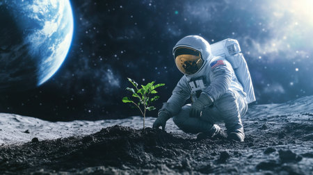 An astronaut in a space suit kneels on the lunar surface, carefully planting a young tree as Earth looms majestically in the distant background, symbolizing hope and sustainability in spaceの素材