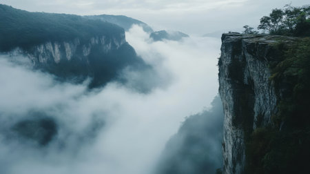 A rocky cliff juts out over a foggy valley, with lush mountains partially hidden by dense mist. The scene evokes tranquility and awe in the early morning lightの素材