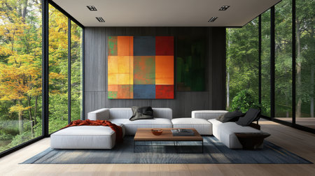 A stylish living room features large windows displaying vibrant autumn trees outside. Modern furniture and an eye-catching artwork complete the tranquil atmosphere of this spaceの素材