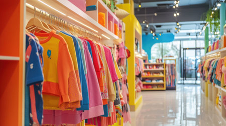 A bright and cheerful retail space features rows of children's clothing in various colors hanging on racks. The store is filled with natural light and lively decorの素材