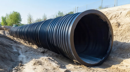 A black drainage pipe is positioned along a trench at a construction site. Heavy machinery is visible in the distance, and the sun shines under a clear blue skyの素材