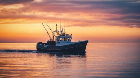 A fishing boat sails smoothly across the still waters as the sun sets, casting warm hues across the sky and reflecting beautifully on the ocean. The atmosphere is tranquil and sereneの素材