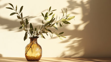 Bright sunlight illuminates a glass vase filled with olive branches, creating delicate shadows on a light wall. This peaceful moment captures the beauty of nature indoorsの素材