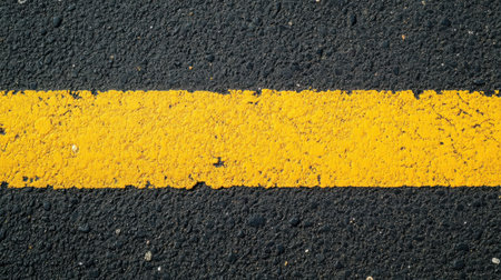 A close-up view of a yellow road marking on a textured asphalt surface showcases its vivid color and worn texture in an urban setting during daylightの素材