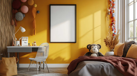 This bright and inviting bedroom features a sunny yellow wall, a cozy bed with soft blankets, and a cute stuffed animalの素材