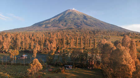 Aerial panoramic view of Mt.Fuji in the morning at Yamanashi, Japan