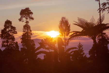 Silhouette of a woman standing on the top of the mountain during sunriseの写真素材
