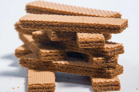 Chocolate wafers on a white background. Close up.の写真素材