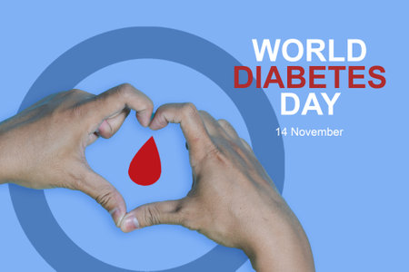 Top view inscription world diabetes day and hand gesture with red blood drop in man hands isolated on a blue background. World diabetes day, 14 november. Copy space., Health Awarenの写真素材