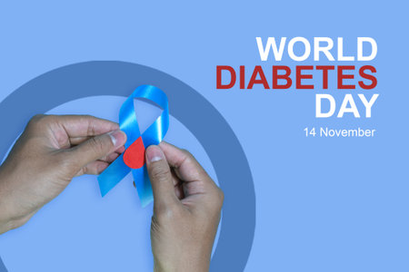 Blue ribbons on blue background with the word world diabetes day, November Men health awareness, November Blue. diabetes awarenessの写真素材